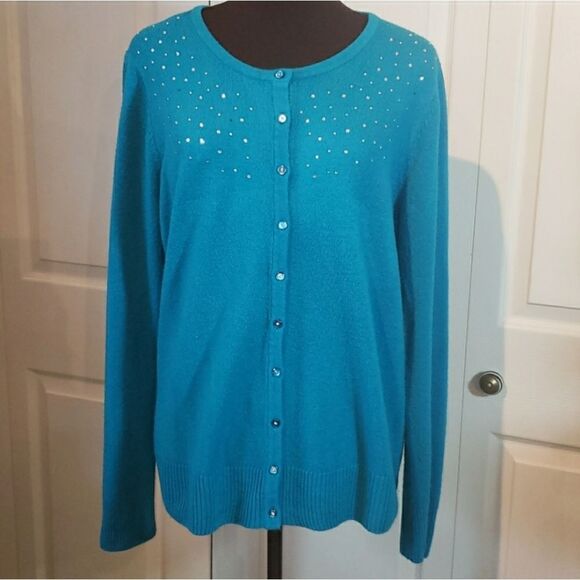 CJ Banks Teal Rhinestone Button Up Long Sleeve Sweater - Picture 1 of 7